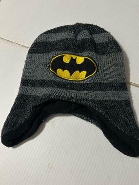 Batman Gray and Black Striped Knit Earflap Hat with Yellow Bat Logo